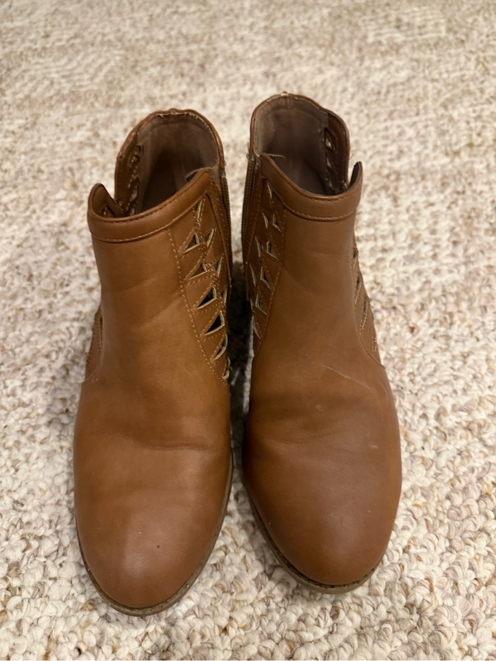 Women’s Tan Leather Ankle Booties with Side Cutout Detail